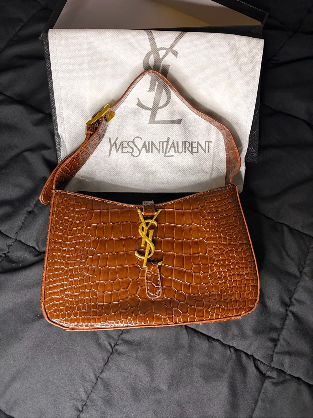 Yves Saint Laurent Croc-Embossed Brown Leather Shoulder Bag with Gold YSL Logo